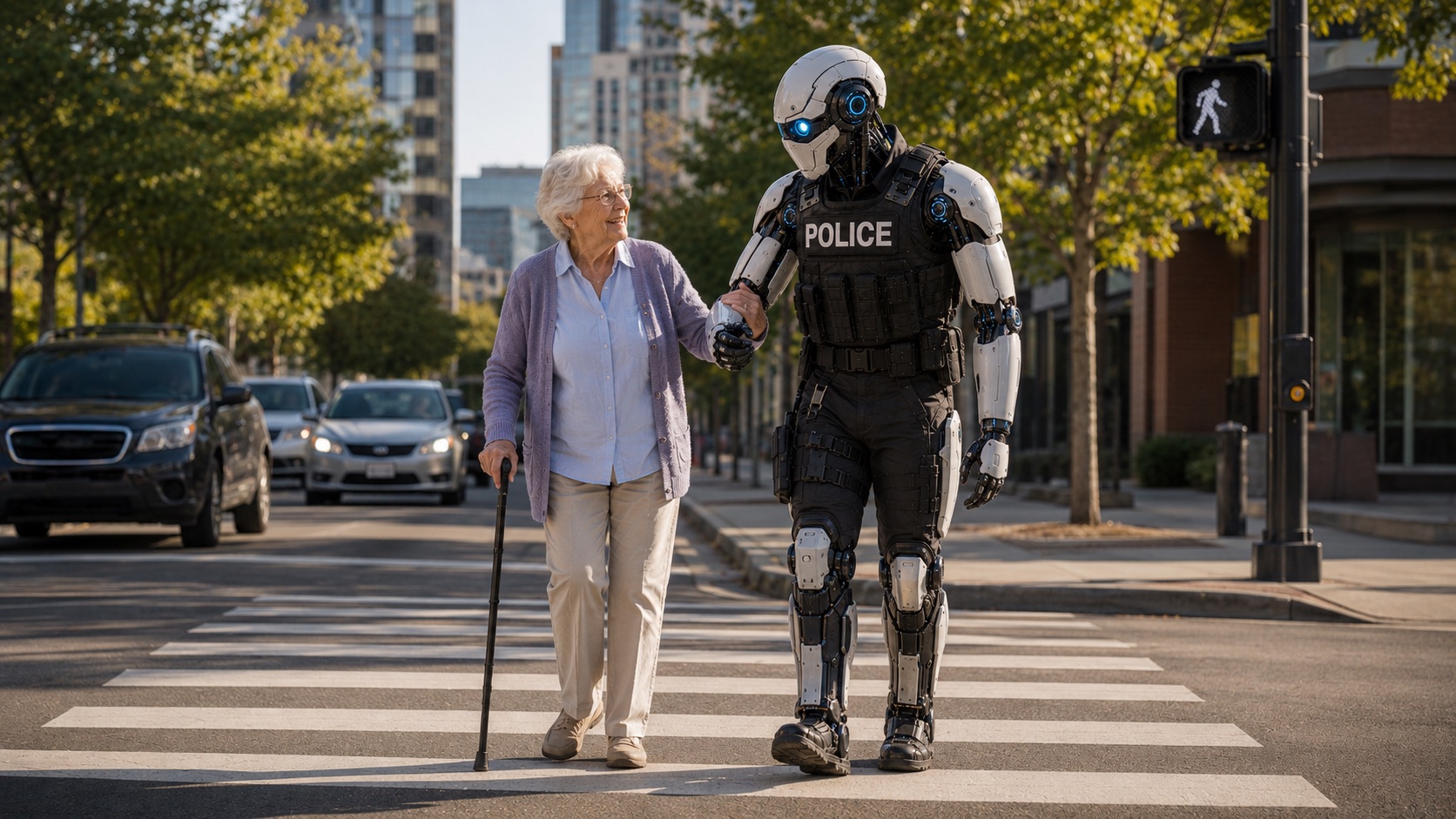 Auxilio robot officer helping an elderly woman cross the street