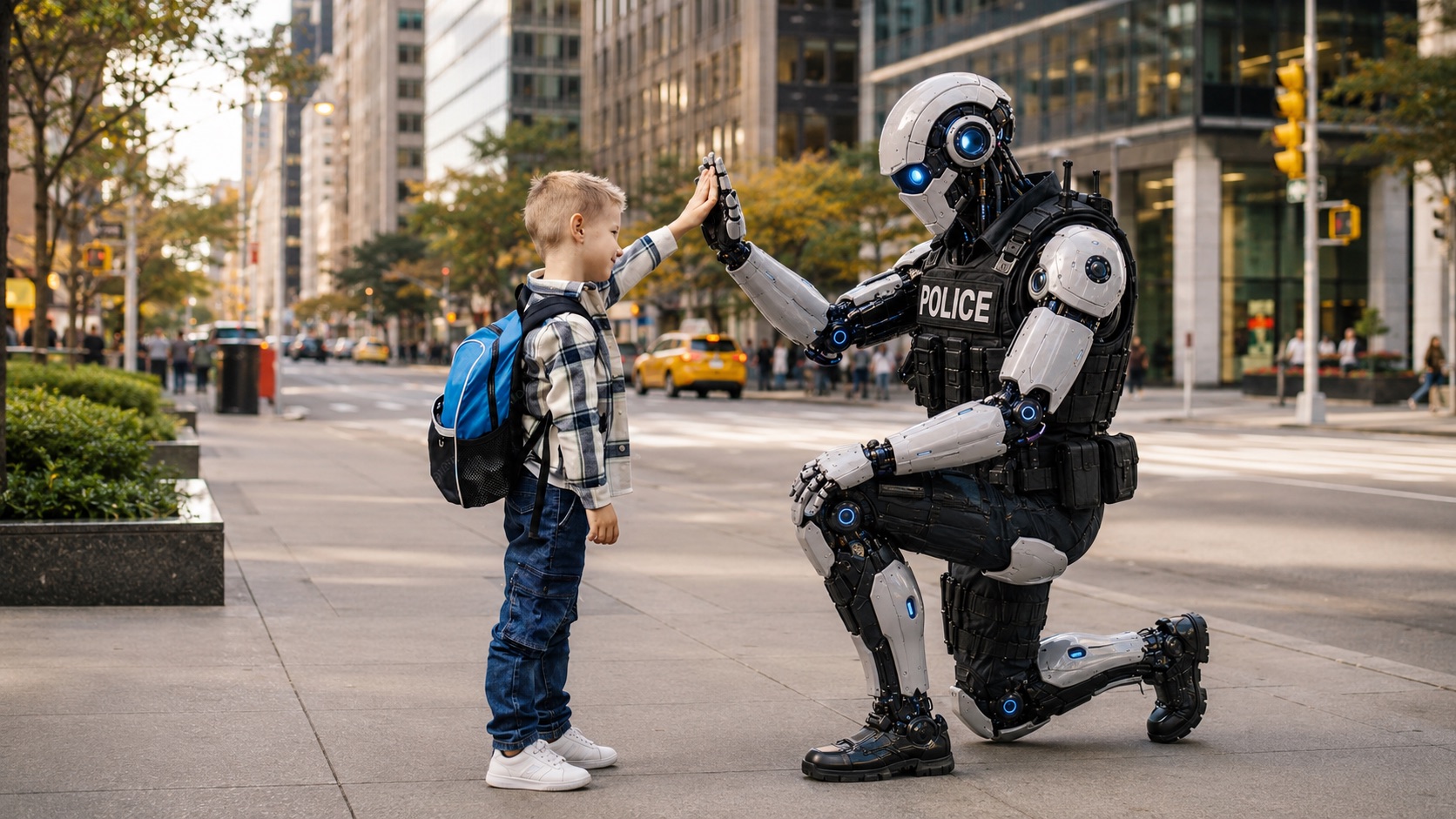 Auxilio robot officer high-fiving a schoolboy on a city sidewalk