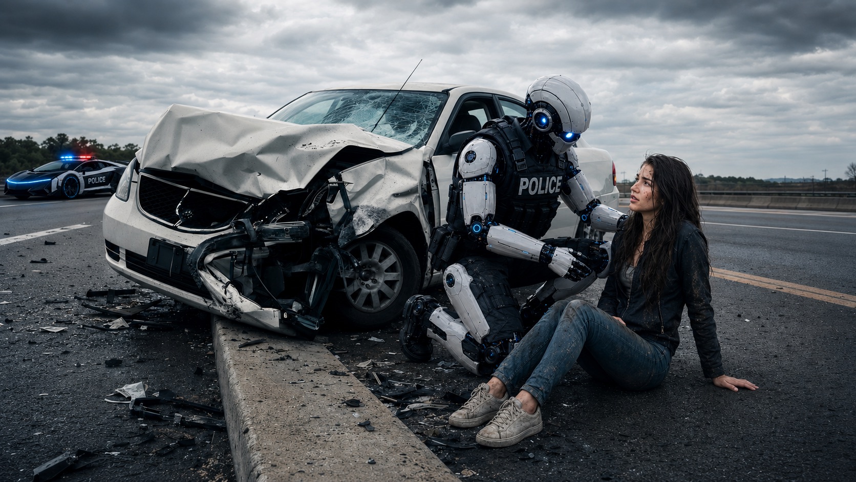 Auxilio robot officer aiding a woman after a roadside accident