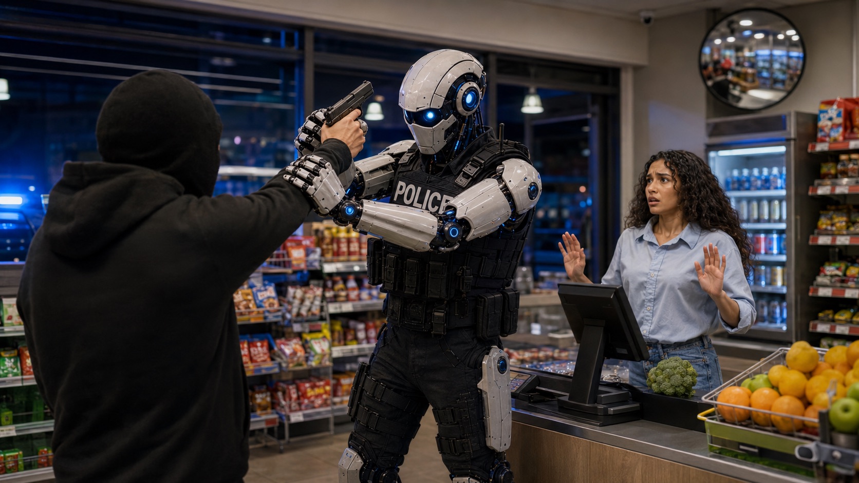 Auxilio robot officer protecting a store clerk during an armed robbery