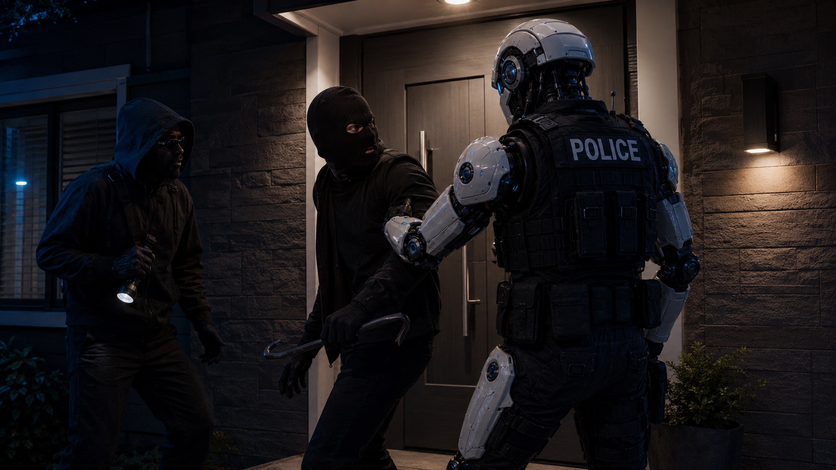Auxilio robot officer intercepting burglars at a home at night
