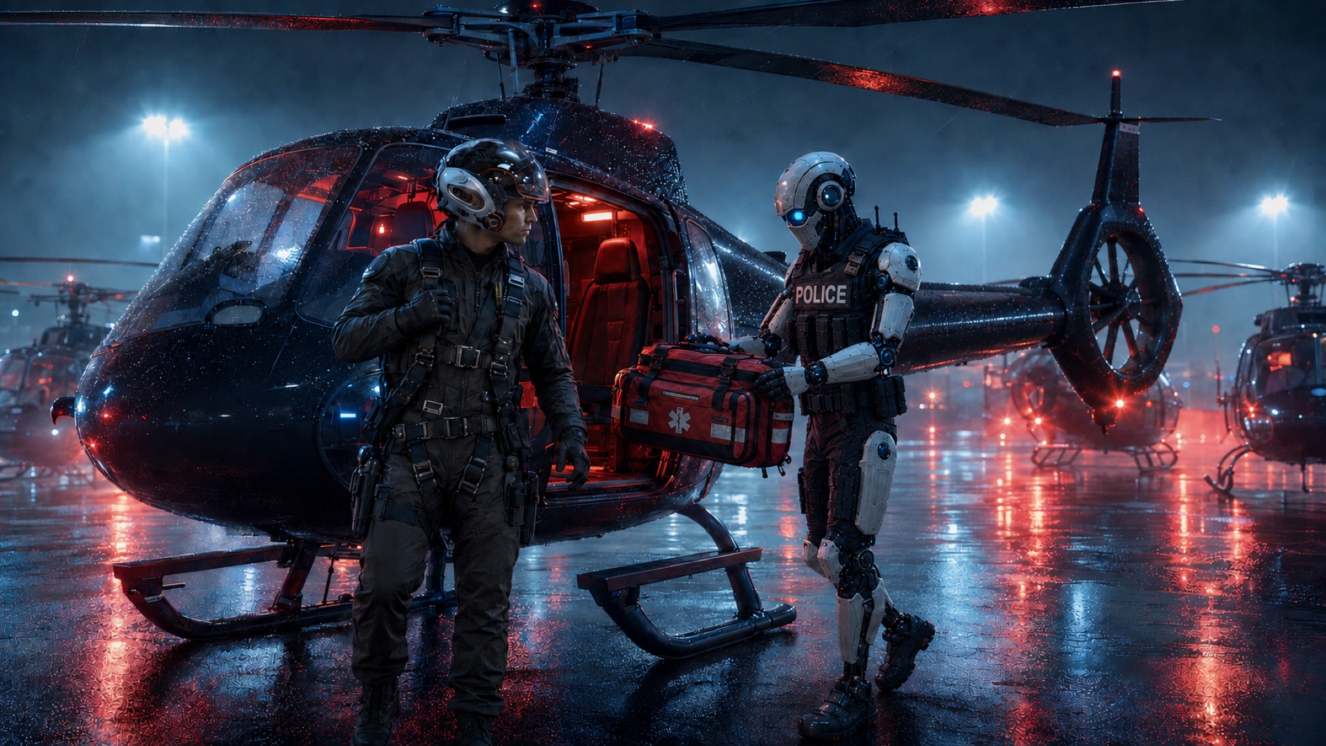 Auxilio AI robot officer assisting a medevac helicopter crew in the rain