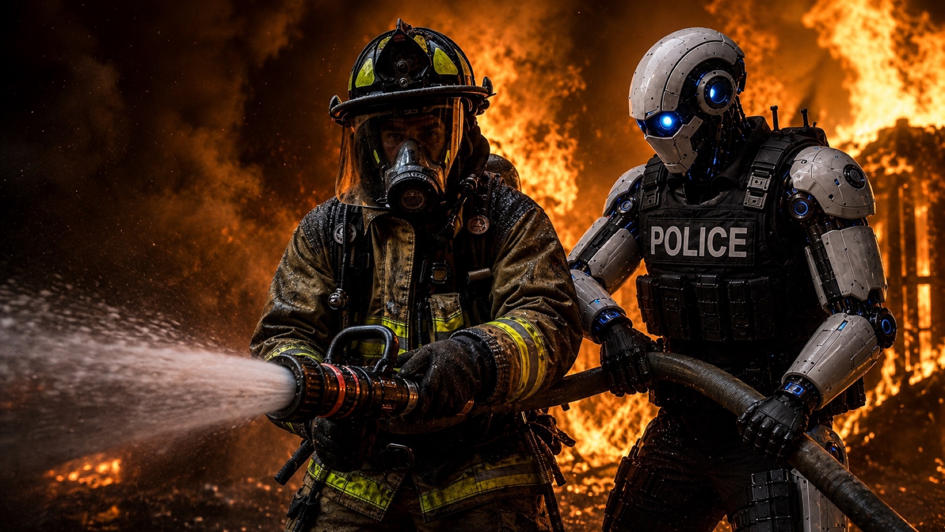 Auxilio AI robot officer helping a firefighter battle a blaze
