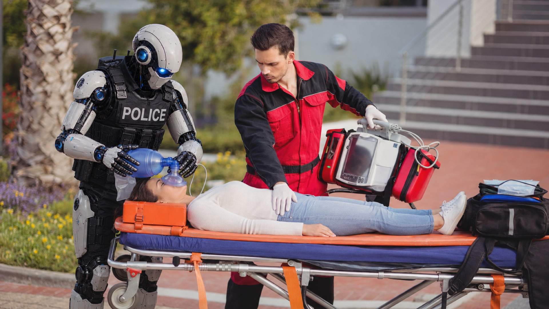 Auxilio AI robot officer aiding paramedics with a patient
